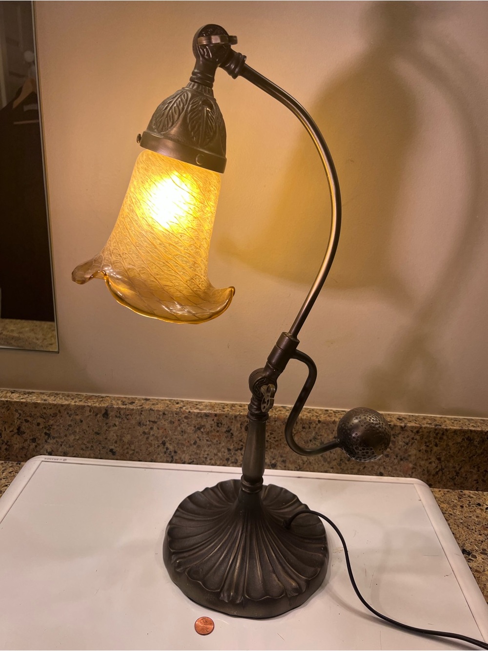 Vintage Amber Glass Desk Lamp with Dark Bronze Metal Base - Home Accent 21x15”